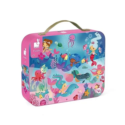 Janod - Puzzle für Kinder Meerjungfrauen, 24 Teile - Lernspiel - Feinmotorik und Konzentration - Koffer mit Griff - hergestellt in Frankreich - FSC-zertifiziert - Ab 3 Jahren, J02613
