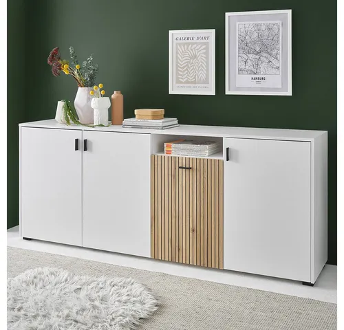 Lomadox Sideboard HUNTER-61 - Stylisches Sideboard in weiß matt mit Eiche, bietet großzügigen Stauraum und Softclose-Funktion für sanftes Schließen - ideal für ein modernes Wohnambiente.