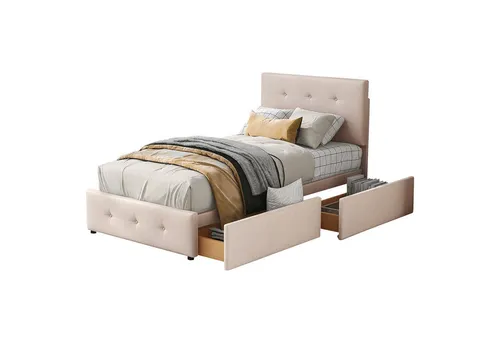 REDOM Polsterbett Einzelbett 90 x 200 cm – Beige - Stilvolles Polsterbett für Kinder, Jugendliche oder Gäste. Mit praktischen Schubladen für zusätzlichen Stauraum und in ansprechendem Dunkelbeige, ideal für jedes Zimmer.