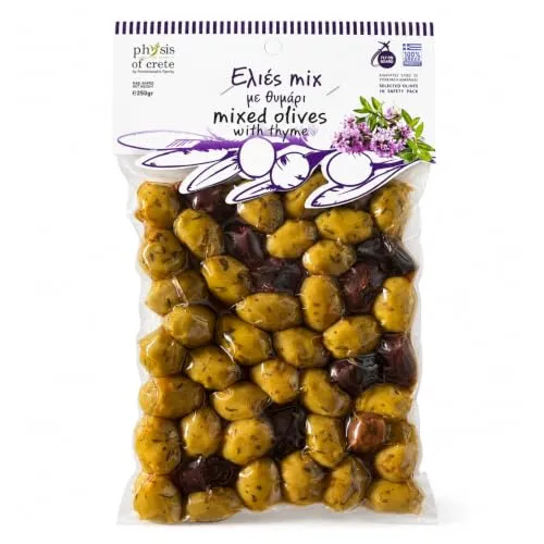 Physis | Oliven mit Thymian, Griechischer Grün-Kalamata-Mix, Kreta, 250 g | Natives Olivenöl extra, vakuumverpackt für Frische, ohne Zusatzstoffe, nach traditioneller Familienrezeptur