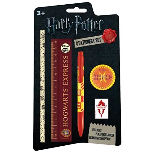 Harry Potter 5-teiliges Schreibwarenset (Hogwarts Souvenirs Design) Kugelschreiber, Bleistift, Lineal, Anspitzer und Radiergummi - Offizielles Lizenzprodukt