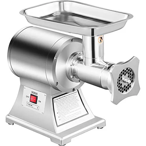 VEVOR Gewerblicher Fleischwolf Elektrisch 1100 W, 193 U/min Edelstahl-Fleischwolf Wurstfüller mit Lochscheiben und Stopfer, Hochleistungs-Fleischwolfmaschine Wurstfüllmaschine Silber