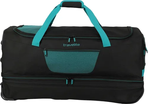 travelite Basics Wheeled Duffle Expandable L Black/Petrol - Reisetasche mit erweiterbarem Volumen und zwei Rollen für einfachen Transport, ideal für lange Reisen.