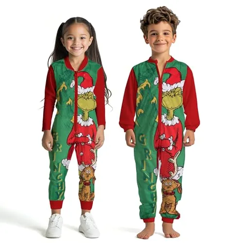 United Labels Grinch Jumpsuit für Kinder, Grün Rot, 98 104, Overall lang für Jungen und Mädchen, Schlafanzug Einteiler Weihnachten