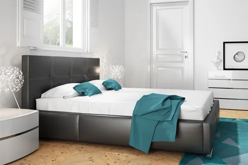 Polsterbett TIMUR 180x200cm - Schwarz - Elegantes Polsterbett aus Kunstleder mit praktischem Bettkasten und Kopfteil, ideal für komfortable Schlafzimmergestaltung.