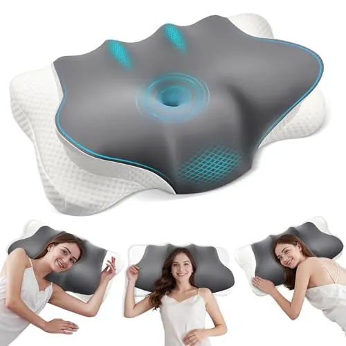 2-in-1 Memory Foam Kissen, Orthopädisches Nackenkissen mit Eisseiden Bezug, Stützendes Nackenkissen, Ergonomisches Seitenschläferkissen, für Seitenschläfer Rückenschläfer Bauchschläfer, 64×36×12/9?cm