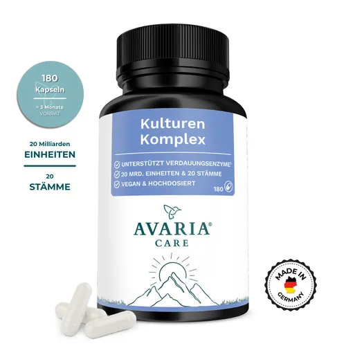 Kulturen Komplex - 20 Bakterienstämme - 20 Mrd. KBE - Hochdosierter Kulturen Komplex mit 20 Bakterienstämmen und 20 Mrd. KBE pro Tagesdosis. Vegan und gelatinefrei, ideal für die tägliche Unterstützung. Einfach in den Alltag integrierbar. Hergestellt in Deutschland.