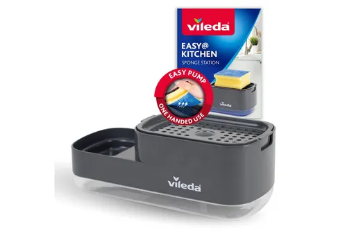 Vileda Spülmittelspender Pumpspender mit Schwammablage - Praktischer 2-in-1 Seifenspender mit Schwammhalter für mehr Ordnung und Effizienz in der Küche. Mit einfacher Einhand-Bedienung und robustem Design, ideal für vielseitige Anwendungen.