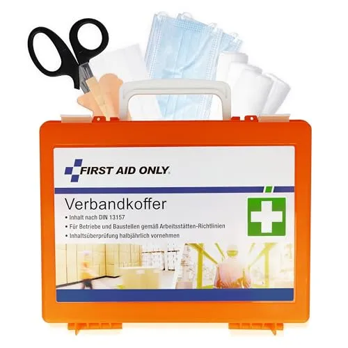 First Aid Only Erste Hilfe Koffer DIN 13157 - Erste-Hilfe-Koffer für Haushalt & Arbeitsplatz, kompakt und nach DIN 13157 gefüllt, inklusive Wandhalterung und Tragegriff für einfache Montage und Transport.
