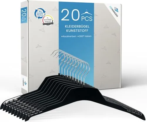 RSR Hangers Kleiderbügel Pub 42 cm aus Kunststoff 20 Stück Hemdenbügel Blusenbügel Kunststoff Schwarz 360° drehbarer Haken