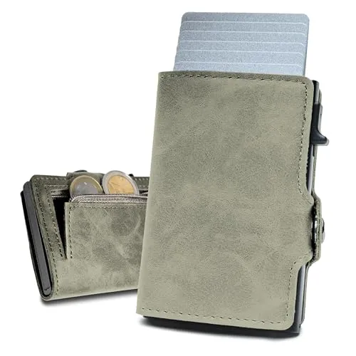 slimfin® Slim Wallet mit Münzfach - Kartenetui - Geldbeutel Herren - Geldbörse - Portemonnaie - Portmonee - Card Holder klein/Mini mit RFID Schutz - Sandgreen