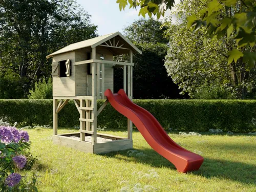 Stelzenhaus Tree Hut mit Sandkasten und Rutsche in Rot - Vielseitiges Stelzenhaus mit integriertem Sandkasten und Wellenrutsche. Robuste Konstruktion aus kesseldruckimprägniertem Kiefernholz sorgt für langanhaltenden Spielspaß im Garten. Ideal für kreative Rollenspiele und Bewegung.