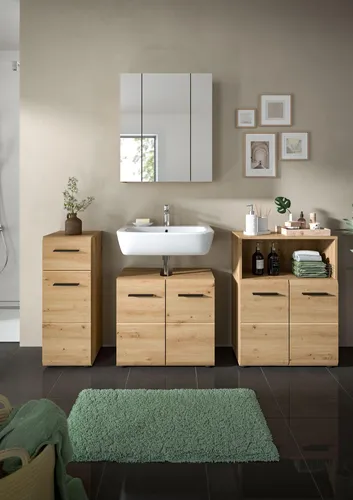 xonox Badezimmer Ice 4-tlg. Badkombination - Moderne Badmöbel-Kombination mit 4 Teilen, kratzfest und wasserabweisend, ideal für stilvolle Badezimmergestaltung. Maße: 180x185x30 cm, Farbe: Braun, inklusive Kommode, Spiegelschrank, Waschbeckenunterschrank und Standschrank.