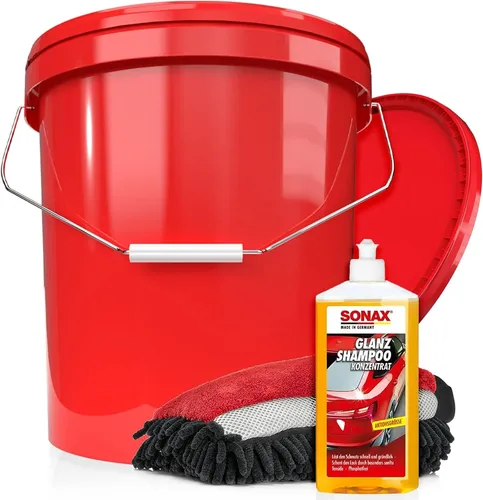 Auto Shampoo Waschset - Wascheimer + SONAX Glanz Shampoo 500 ml + Waschhandschuh