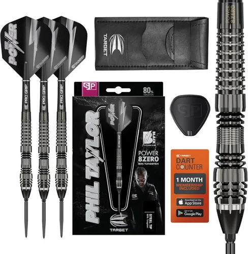 TARGET DARTS Dartpfeil Phil Taylor Power 8-Zero 4, 21G Steel Tip - Dartpfeile, entwickelt in Zusammenarbeit mit Phil Taylor, 80% Wolfram für optimale Kontrolle und Präzision. Inklusive Swiss Point Technologie für schnellen Spitzenwechsel und Pro Grip Schäften für verbesserte Griffigkeit.