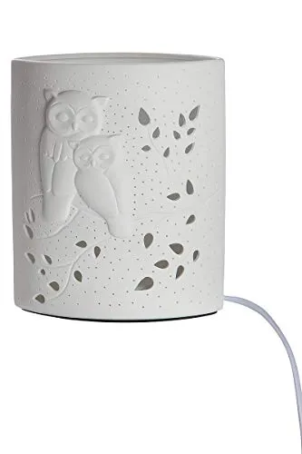 GILDE Eulenpaar Tischlampe - Porzellan Ellipse mit Lochmuster - Tischlampe aus Porzellan mit bezauberndem Eulenpaar, erzeugt durch das Lochmuster ein warmes Lichtspiel. Ideal für stimmungsvolle Beleuchtung in jedem Raum.