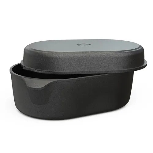 Hoffmann Aluguss Bräter Groß 2in1 Induktion - Vielseitiger Bräter für alle Herdarten, inklusive einem praktischen Deckel, der auch als Pfanne dient. Mit hervorragenden Antihafteigenschaften und schneller Reinigung. Qualität Made in Germany für perfekte Kochergebnisse.