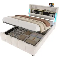 Polsterbett mit LED-Beleuchtung, USB/Type-C Anschlüsse und Stauraum, 140x200cm, Doppelbett, Stauraumbett, Samt - Beige