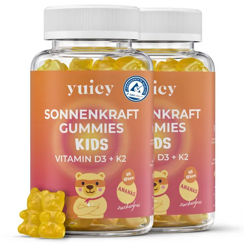 yuicy® Kids Sonnenkraft – Gummibärchen für Kinder mit Vitamin D3 + K2 - Leckere Gummibärchen für Kinder, die eine unkomplizierte Vitaminroutine bieten. Mit natürlichem Ananas-Geschmack, vegan und ohne Zusatzstoffe – ideal für gesundes Wachstum!
