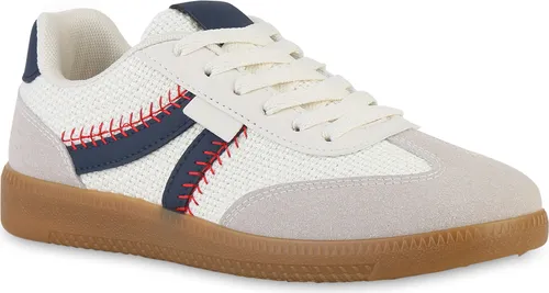 VAN HILL Damen Sneaker Low Schnürer – Bequeme Strick-Schuhe in Beige Dunkelblau, Größe 38 - Sneaker für Damen, ideal für Frühling und Sommer. Bequeme Strick-Optik und flache Sohle für höchsten Tragekomfort.