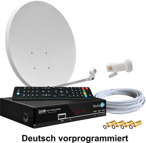 Digitale Satanlage Komplettset 60cm Sat-Schüssel Spiegel HDTV Sat-Receiver 2x USB LNB 0,1dB Kabel Sat Anlage 1 Teilnehmer Full HD Astra 19°E Deutsch F-Steckern