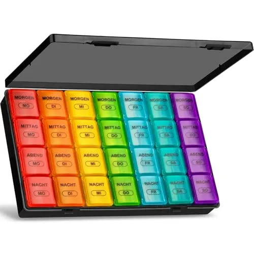 Tablettenbox 7 Tage Große Fächer, Medikamentenbox 7 Tage 4 Fächer BPA Frei Tabletten Box 7tage Morgens Mittags Abends Nachts, Woche Pillen Organizer Pillendose Groß Reise für Vitamin(Black+Rainbow)