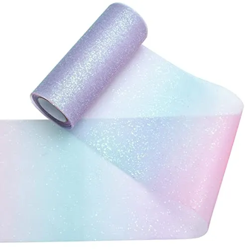 Tüllstoff Regenbogen Glitter Tüll Tischläufer 15cm x 9m Farbverlauf Tüllband für Ballettröckchen Hochzeit Party Dekorationen Handwerk Tüll Rollen