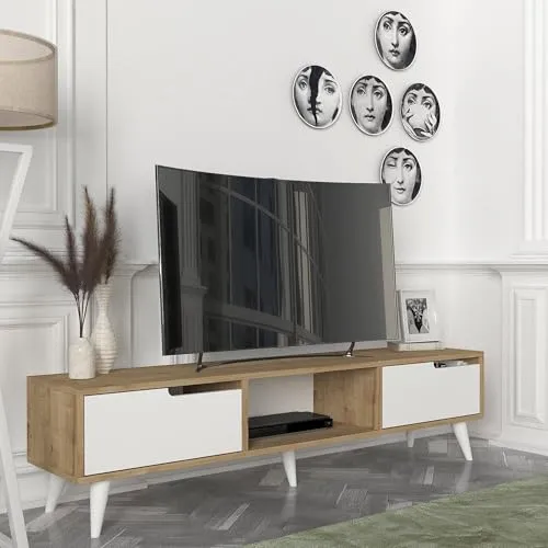 en.casa TV-Schrank »Kullila« 160 x 35 x 40 cm Eicheoptik/Weiß - TV-Halterungen mit modernem Design, offenen Ablagefächern und zwei Schranktüren für ordentliche Aufbewahrung, ideal für Ihr Wohnzimmer.