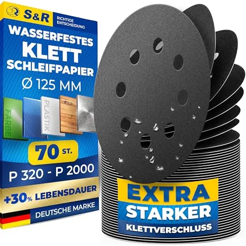 S&R Wasserfestes Klett Schleifpapier 125 mm, Schleifscheiben Satz, Set 70 St. je 10 x P320, P400, P600, P800, P1000, P1500, P2000, zum Schleifen, Polieren von Metall, Holz, Stahl, Edelstahl, 8 Löcher
