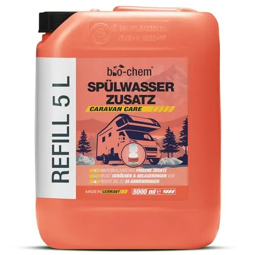 bio-chem Spülwasser-Zusatz 5 l Kanister mit Dosierbecher - Hygienischer WC-Reiniger für Campingtoiletten, verhindert Gerüche und Ablagerungen, nachhaltig und materialschonend für lange Lebensdauer.