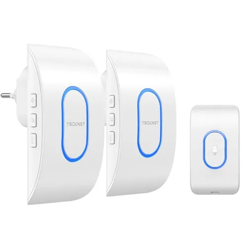 TECKNET Türklingel IP65 Funkklingel aussen wasserdicht, 400m Reichweite funkklingel 2 empfänger, 5 Lautstärkestufen, 60 Melodien klingel haustür Mit LED-weiß