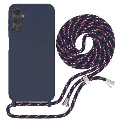 EAZY CASE - Hülle mit Kette - kompatibel mit Samsung Galaxy A14 5G Schutzhülle Kordel zum Umhängen,Umhängen Necklace, TPU Silikon Case, Blau mit Band Navy Camouflage Verschluss Silber