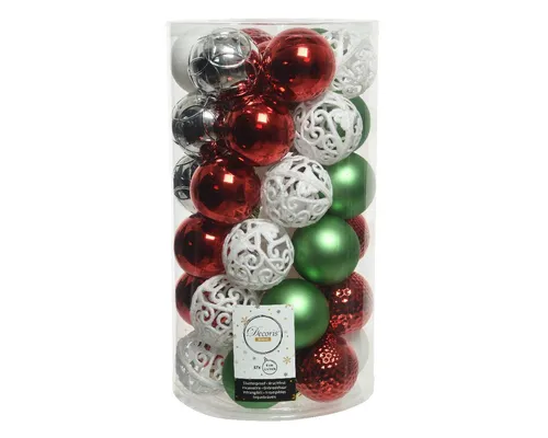 Kaemingk Weihnachtsbaumkugel, Weihnachtskugeln Kunststoff 6cm 37er Set - Rot / Weiß / Mint / Silber