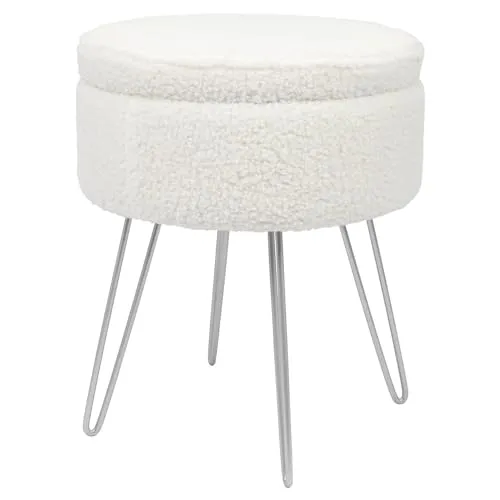 Harbour Housewares 1x Creme/Silber H46 x D37cm Runden Bouclé-Fußhocker mit Stauraum - Wohnzimmer Schminktisch Fußbank Ottomane Sitzpuff Stuhl Sitz