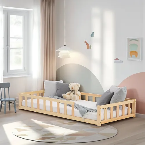 Homestyle4u Kinderbett 90x200 mit Rausfallschutz - Bodenbett aus Kiefer in Weiß/Natur, inkl. Lattenrost und Rausfallschutz, ideal für sichere Nächte im Kinderzimmer.