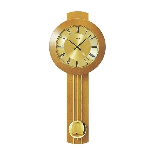AMS 5132/9 Pendeluhr - Elegante Wanduhr aus Holz, 60 x 25 x 10 cm, mit funkbetriebenem Uhrwerk und goldenem Zifferblatt. Ideal für stilvolle Wohnräume.