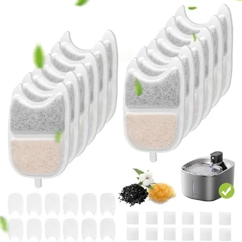 Katzenbrunnen Filter 12 Set,12 Stück Filter Trinkbrunnen und 24 Stück Schaumstofffilter Ersatzfilter mit Harz und Aktivkohle mit für 4L Katzenbrunnen Kabellos mit Bewegungsmelder