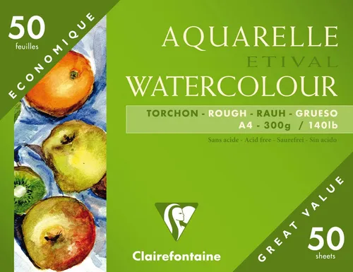 Clairefontaine Etival Aquarellpapier Torchon, 50 Bogen A4, 300g - Hochwertiges Aquarellpapier in der Kategorie Schreibutensilien, ideal für kreative Künstler und Hobbyisten, mit einzigartiger Torchon-Oberfläche für brillante Farben.