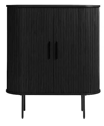 möbelando Highboard >Nerja< in Schwarz - Eleganz trifft Funktionalität - Stilvolles Highboard aus Eiche Echtholz Furnier mit Lamellen-Schiebetüren. Bietet eleganten Stauraum und praktische Inneneinteilung für Ihre individuellen Bedürfnisse.