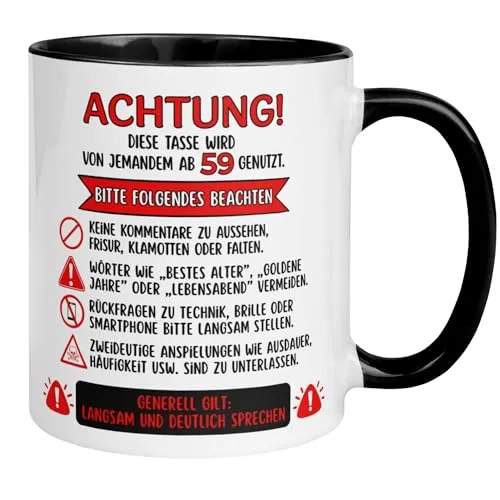 Geburtstag Männer Geschenk Tasse | Achtung – Diese Tasse wird von jemandem ab 59 genutzt | Lustige Geschenk Geburtstagstasse mit Spruch 59. Geburtstag | 59ter Geburtstag - Geburtstagsgeschenk Mann 59
