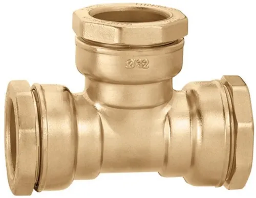 Caleffi T-Stück 864025 aus Messing, 25 mm - Schlauchverbinder aus hochwertigem Messing, ideal für Polyethylenrohre. Max. Betriebsdruck von 16 bar und Temperatur bis 40°C für zuverlässige Verbindungen.