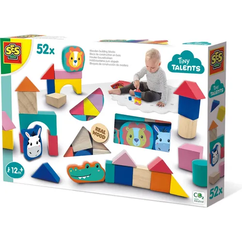 Tiny Talents Wooden Building Blocks - Baby Spielzeug: 50-teiliges Set aus bunten Holzbausteinen, fördert die motorischen Fähigkeiten und die räumliche Wahrnehmung von Kindern ab 1 Jahr, inklusive praktischer Aufbewahrungstasche.