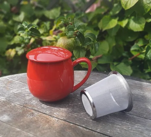 Teetasse m. Sieb u. Deckel Porzellan rot Kräuterteetasse Tasse m. Tee-Sieb 350ml
