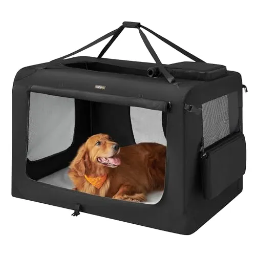 Feandrea Hundebox faltbar, Transportbox Hund, XXXXL, Hundetasche, Oxford-Gewebe, Netzstoff, atmungsaktiv tragbar transportabel, Metallrahmen, mit Griffen, Taschen, 122 x 79 x 79 cm, schwarz PDC12H