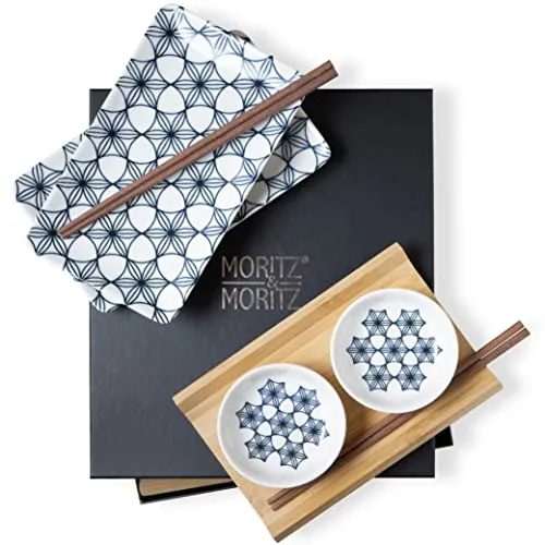 Moritz & Sushi Set 10tlg. Blaue Blumen - Sonstige Küchenhelfer: Stilvolles 10-teiliges Sushi-Set aus Porzellan mit elegantem blauen Blumendekor, perfekt für Sushi-Liebhaber und als Geschenk.