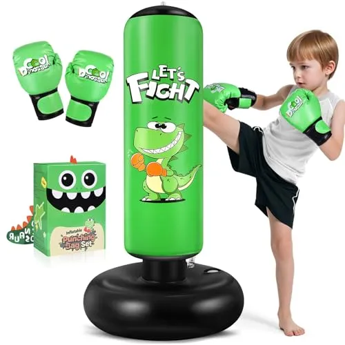 Dinosaurier Boxsack für Kinder, 120 cm mit Boxhandschuhen – Spaß beim Training für 3–8 Jahre (Grün)
