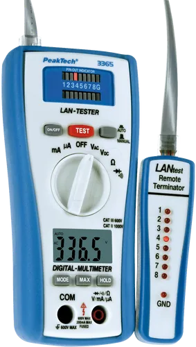 PEAKTECH 3365 - Netzwerktester mit Digital-Multimeter - Leitungsfinder mit umfassenden Funktionen zur einfachen Überprüfung von Ethernet-Kabeln. Ideal für Techniker, die präzise Messungen und schnelle Diagnosen benötigen.