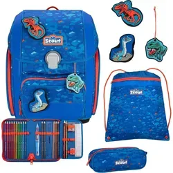 SCOUT GENIUS EXCLUSIV SUPERFLASH BLUE DINO - Schulranzen Set - Schulranzen Set mit reflektierenden Elementen für optimale Sichtbarkeit und Sicherheit im Straßenverkehr.