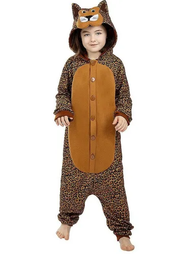 Metamorph Kostüm Leoparden Onesie für Kinder - Gemütlicher Kigurumi-Overall mit voluminöser Kapuze und ausgeformtem Tierkopf, perfekt für wilde Katzenliebhaber. Ideal für Karneval oder gemütliche Abende.