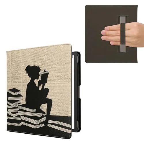kwmobile Schutzhülle für Amazon Kindle Scribe (2022/2024) Hülle - eReader Flip Case mit Handschlaufe und Auto Sleep Funktion - Lesende Frau mit Schwarz Beige
